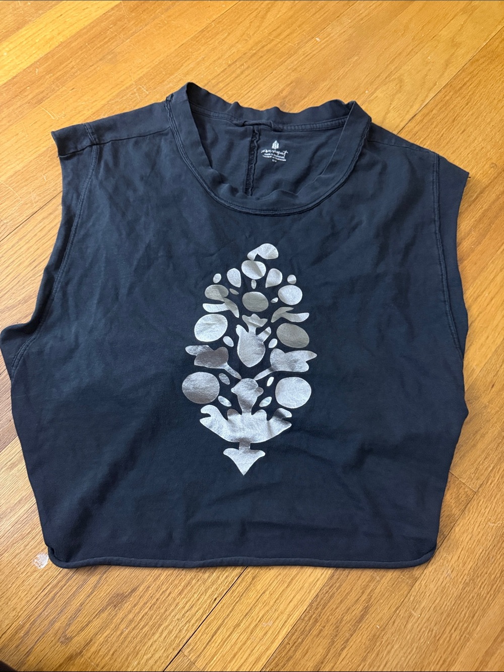 Free People Black Tank Top with Silver Metallic Print